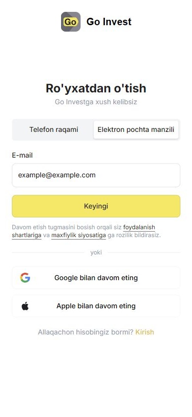 GoInvest veb-versiyasida email kiritish
