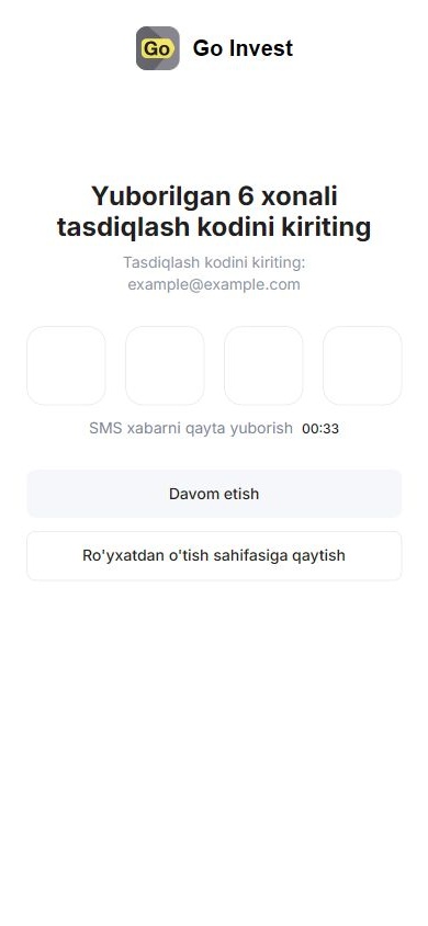 GoInvest email tasdiqlash kodi ekrani