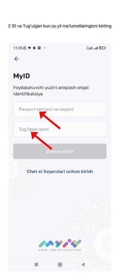 O‘zbekcha MyID: pasport seriyasi va raqami, tug‘ilgan sana maydonlari