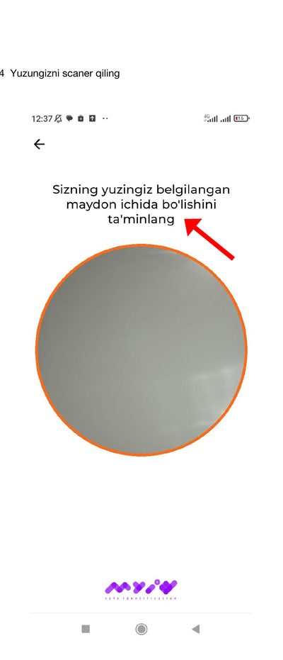 O‘zbekcha MyID yuzni belgilangan doira ichiga joylashtirish ekrani