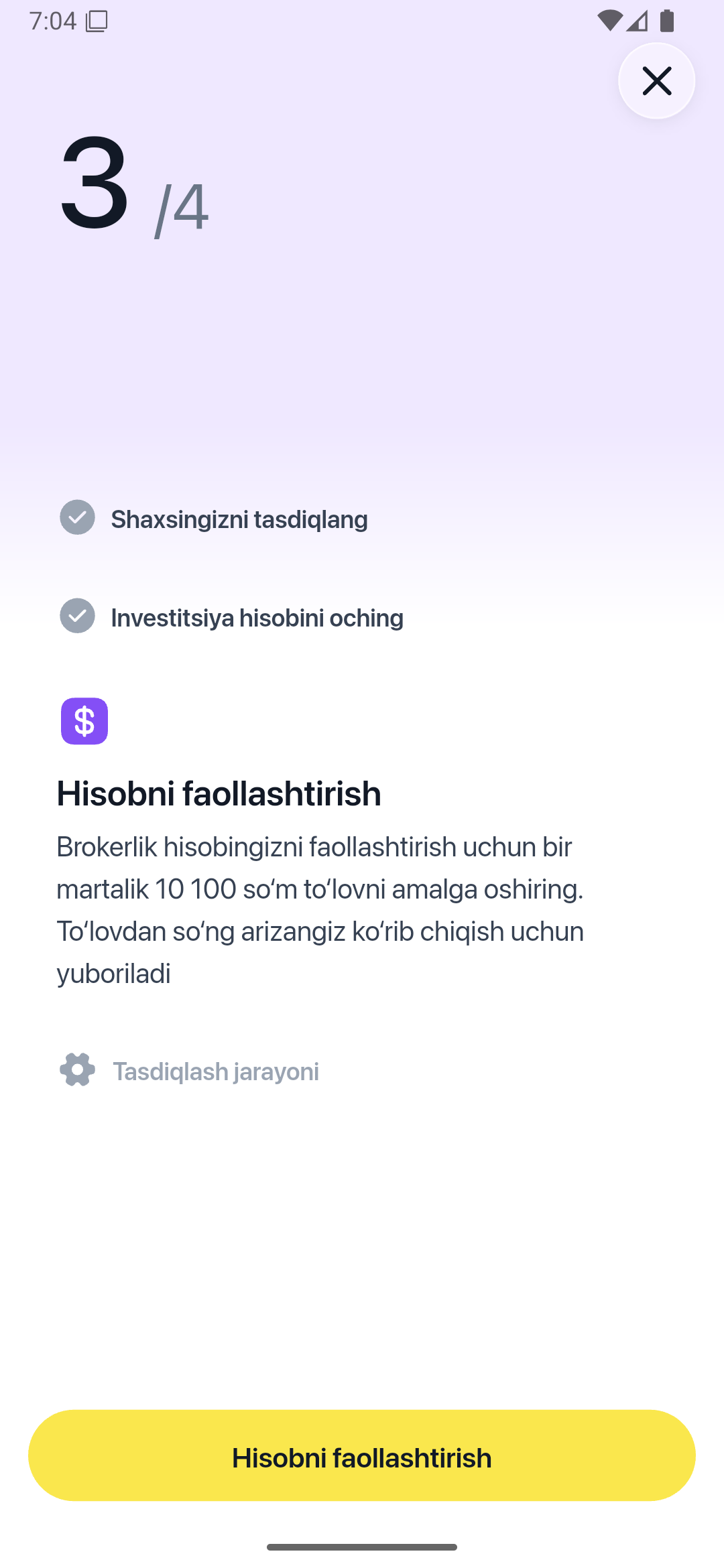 GoInvest hisobini faollashtirish uchun 10 100 so‘m ko‘rsatilgan ekran