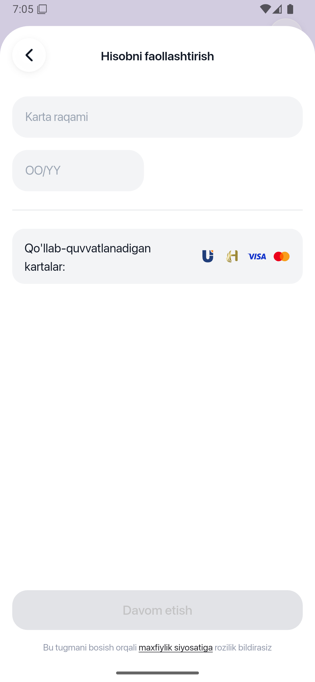 GoInvest: karta raqami va OO/YY maydonlari