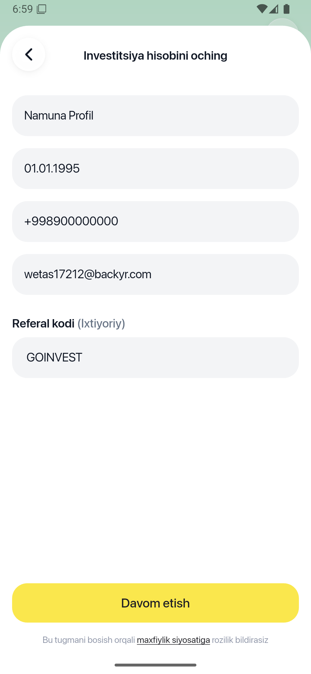 GoInvest referal maydoniga GOINVEST kiritilgan