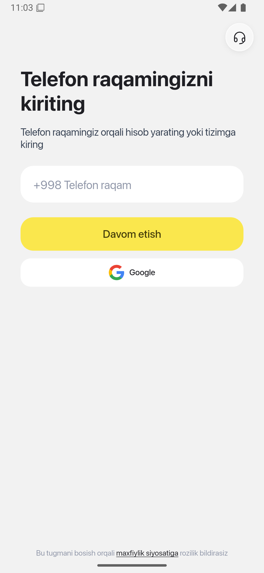 GoInvest: telefon raqamini kiritish ekrani